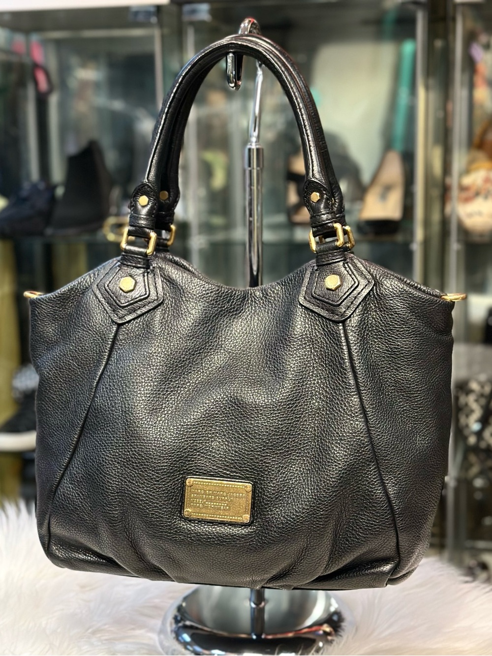 Marc by Marc Jacobs Black Leather Structured Tote Handbag with Gold Hardware